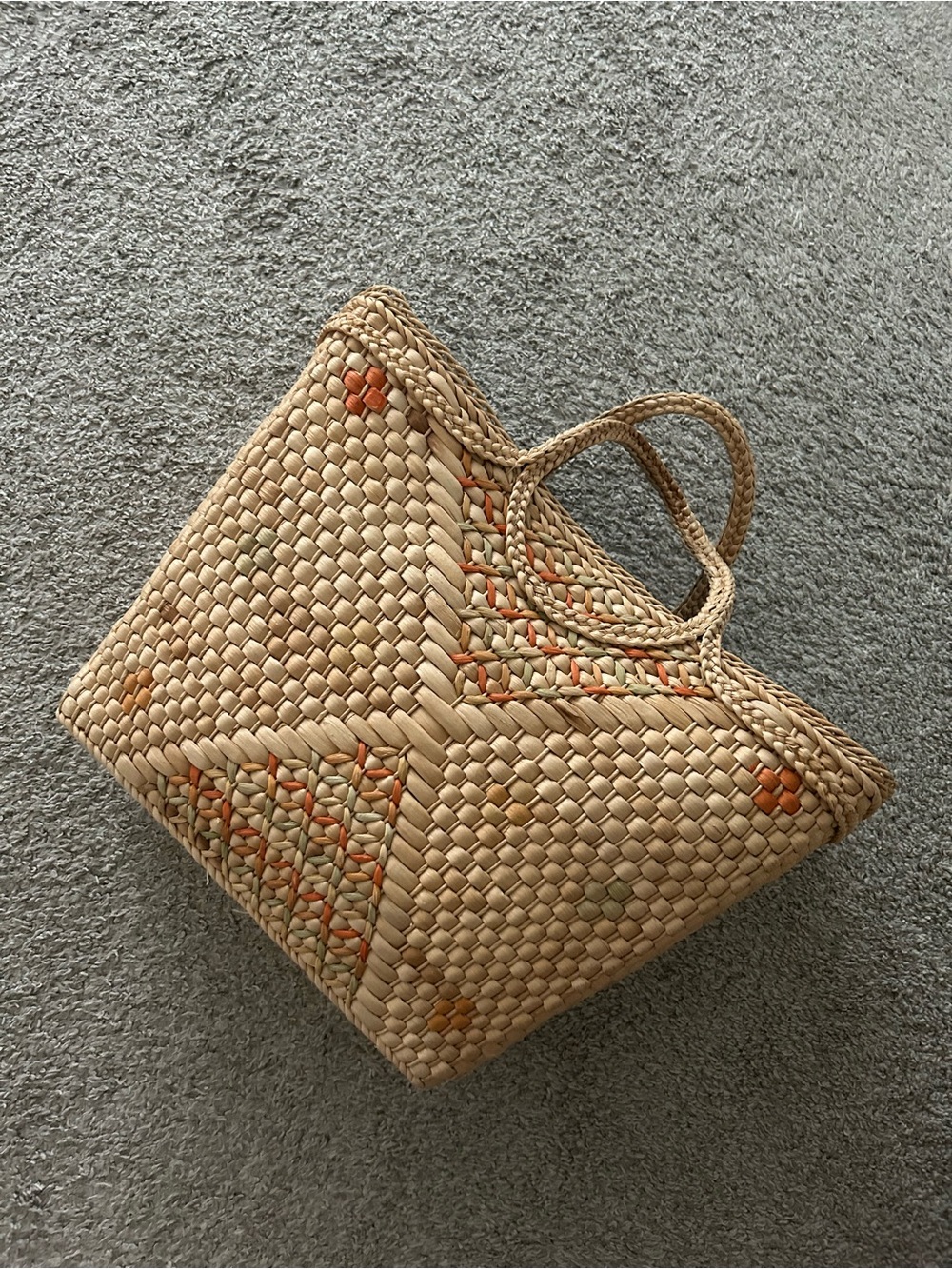 Vintage Woven Straw Tote Bag with Orange Accents - Picture 2 of 6